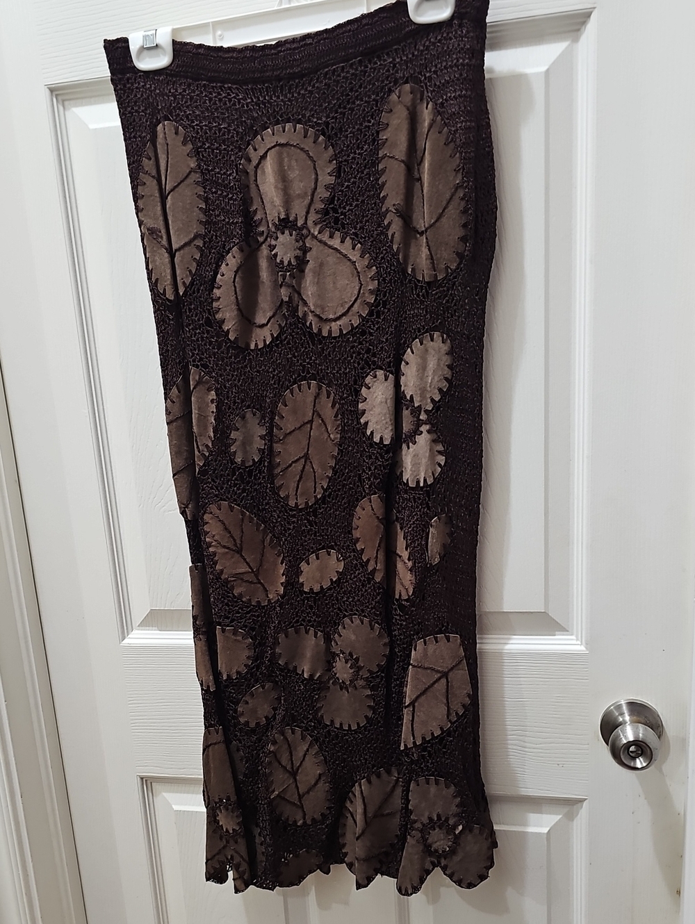 Brown Patchwork Maxi Skirt - Women's Stretch Knit Floral Leaf Design. M.